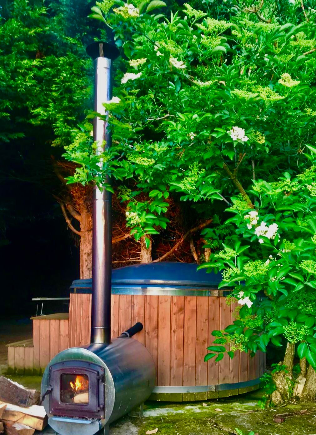 Wood-fired hot tub under the stars